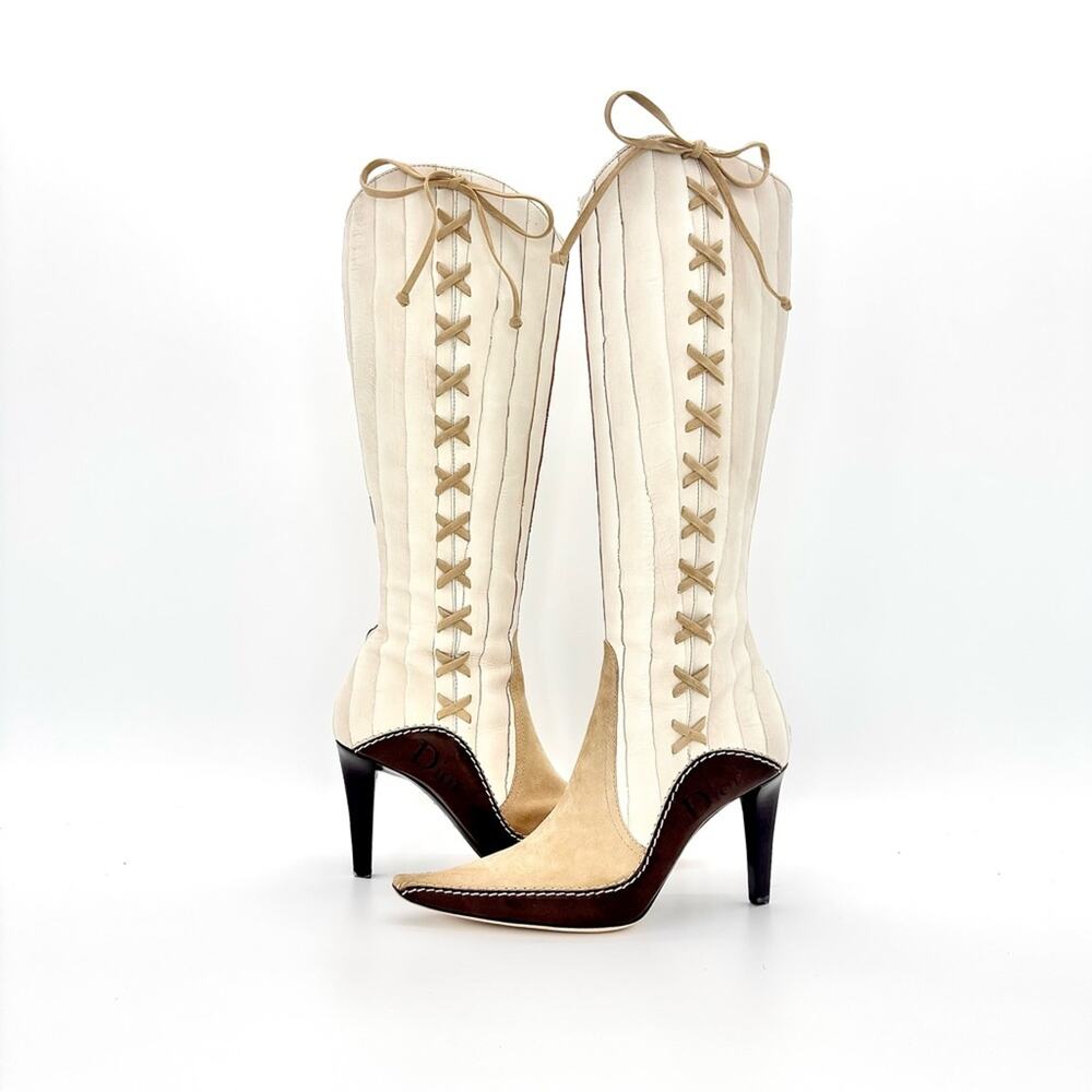 NIB Dior John Galliano F/W 2001 Lace Up Knee High Pointed Toe Cowboy Boots 37.5 - Picture 3 of 11